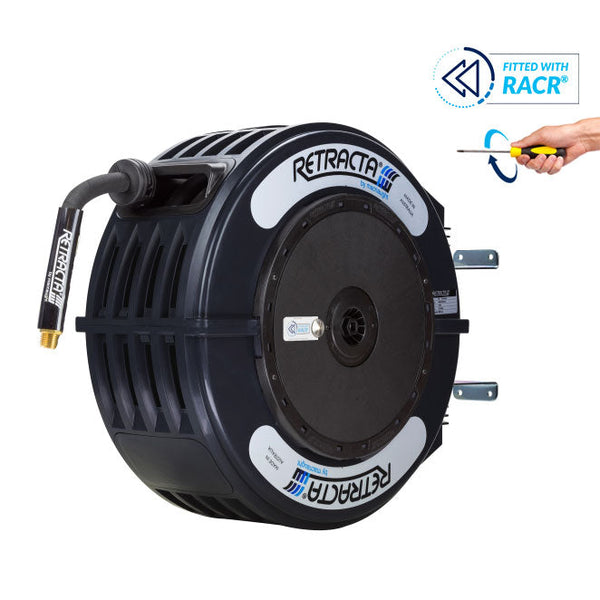 Macnaught R3 Engineered Thermoplastic Heavy Duty Retractable Hose Reel for  Oil - 1/2 inch x 50 ft - 800 PSI RACR Adjustable Speed Control Black Case /  Black Hose PN# OMPC450K-02